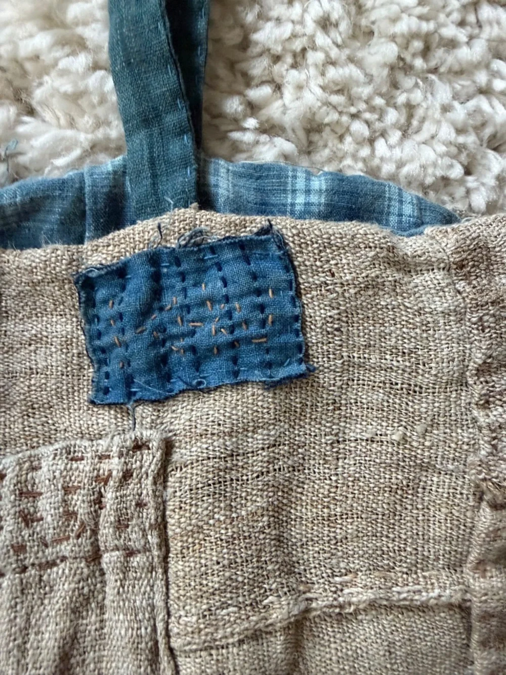 Casual Natural Beige Burlap Tote with Teal Handles trending potato vintage bag b